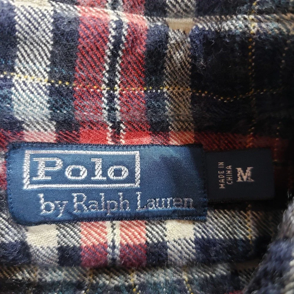 Vintage Ralph Lauren Flannel Shirt Mens Med (FITS SMALL) Plaid Silk Wool Cotton